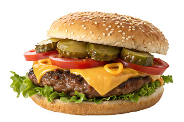 A sesame bun burger with beef, cheese, and lettuce, isolated on white