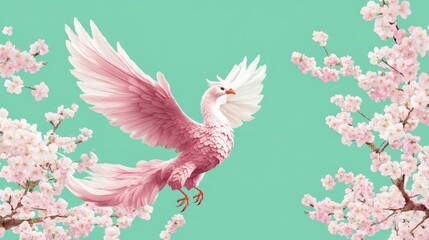 Fototapeta premium A pink bird flying gracefully amongst blossoming cherry trees