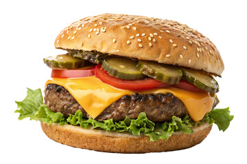 A sesame bun burger with beef, cheese, and lettuce, isolated on white
