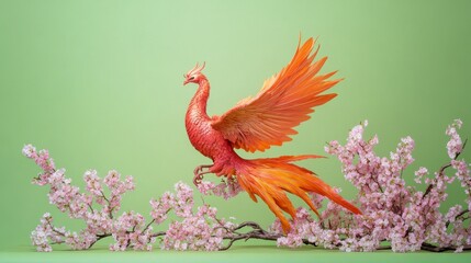 Obraz premium A vibrant red mythical bird perches amid blooming floral branches