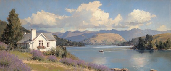 Fototapeta premium Country house with lavender fields and a lake, mountains in the background, and blue sky