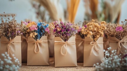 Beautiful dried flowers arranged in kraft paper bags and twine