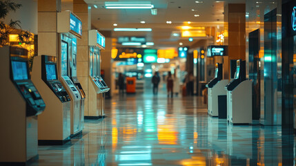 Fototapeta premium Modern ATM machine in a shopping mall with bright blue lighting. Concept of banking services, cash withdrawal, digital finance, financial security, and convenient self-service.