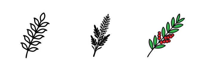 Obraz premium Three Stylized Floral Branch Designs Black, Silhouette, Berries