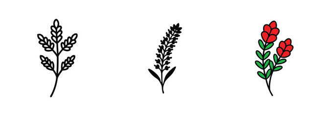 Floral Designs Line Art, Silhouette, Red Flower Branch Illustrations