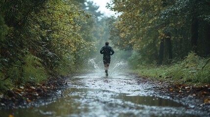 Fototapeta premium Trail runner sprints through muddy puddles on a rainy day in forest trail