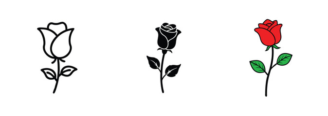 Rose Illustrations Line Art, Black, Red, Flower, Stem, Leaves, Botanical, Simple, Design, Graphic