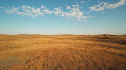 Obraz premium Vast Golden Grassland Under Light Blue Sky with Scattered Clouds