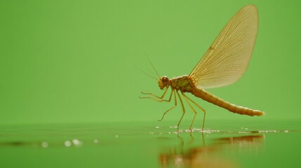 A delicate mayfly insect resting on a reflective water surface