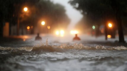 Heavy rain causes widespread flooding in urban streets captured in striking detail evoking urgency and concern