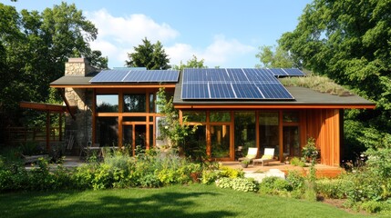 Naklejka premium Modern Eco Friendly House Featuring Solar Panels and Lush Green Surroundings