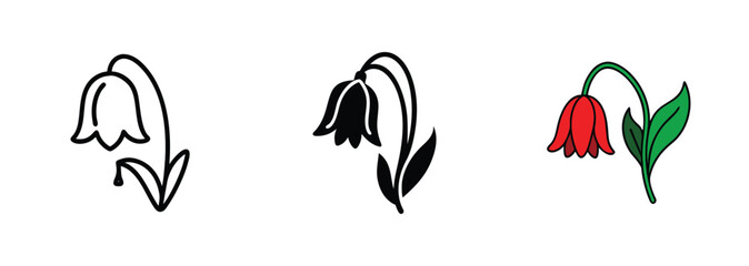 Three Bellflower Variations Line Art, Black, Red Flower Design