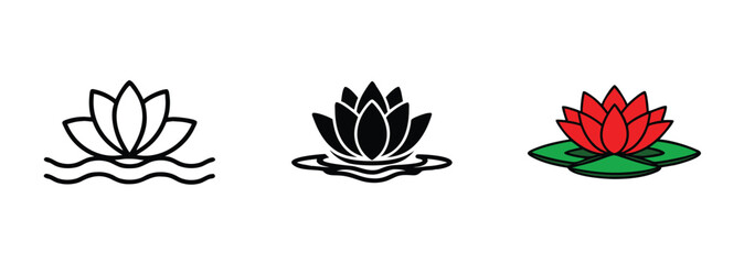 Water Lily Variations Line Art, Black, and Red Lotus Flower