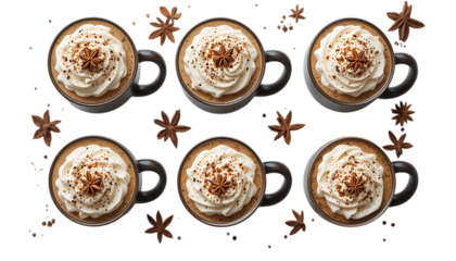 Warm cozy coffee mugs topped with cream chocolate and spices for winter beverages