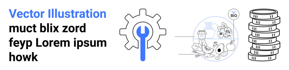 Blue wrench in gear beside icons of environmental elements and stack of coins suggesting ecosystem management and economic progress. Ideal for technology, finance, sustainability, investment