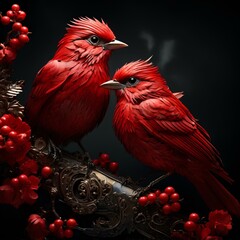red birds on a branch