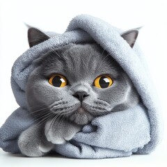 Gray cat wrapped in soft blue towel