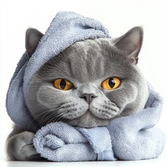 Gray cat wrapped in soft blue towel