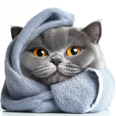 Gray cat wrapped in soft blue towel