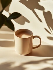 Beige ceramic mug in soft morning light