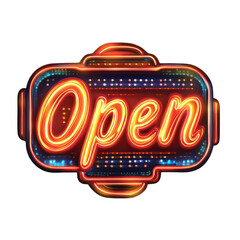 Realistic, Classic neon diner "Open" sign from the 1950s, vibrant glow illustration, isolated transparent background.