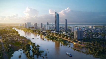 Fototapeta premium Urban river landscape modern city aerial view vibrant environment architectural marvels urban development