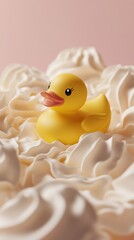Yellow rubber duck among white whipped cream swirls