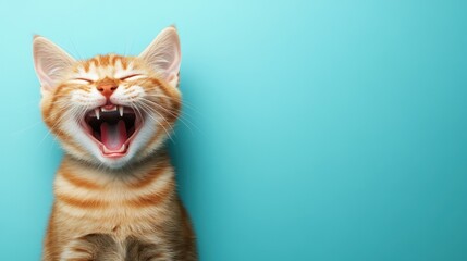 Laughing ginger kitten on turquoise background