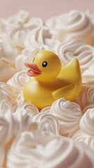 Yellow rubber duck among white whipped cream swirls