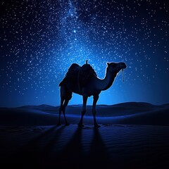 Camel under starry night sky in desert