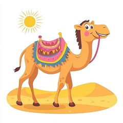 Cute cartoon camel with saddle in desert scene