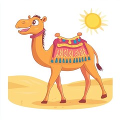 Cute cartoon camel with saddle in desert scene