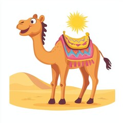 Cute cartoon camel with saddle in desert scene