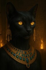 A majestic depiction of Bastet standing at the entrance of an Egyptian temple during sunset. She wears a deep-blue gown and a bejeweled necklace, holding a glowing ankh and a sistrum. Behind her, sphi