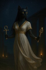 A hyper-realistic close-up of Bastet, the Egyptian goddess, featuring a black feline face with glowing emerald eyes and a serene, mysterious smile. Golden ornaments and blurred hieroglyphs in the back