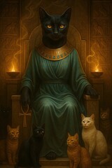 A richly detailed depiction of Bastet seated on a throne, surrounded by sacred cats in an Egyptian temple. Her sleek feline head is adorned with gold, and her turquoise robe glows in the warm light of