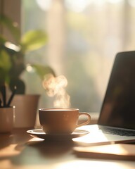 Hot coffee cup in morning sunlight at workspace