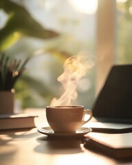 Hot coffee cup in morning sunlight at workspace