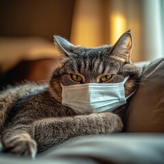 Tabby cat sleeping on couch wearing a face mask