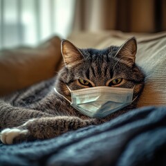 Tabby cat sleeping on couch wearing a face mask