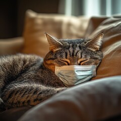 Tabby cat sleeping on couch wearing a face mask