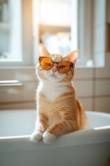 Stylish cat with sunglasses in bright bathroom