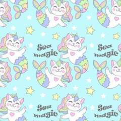 Seamless pattern with cute cats unicorns on a mountainous background. Inscription sea magic. For children's design of fabric, wallpaper, backgrounds, wrapping paper, cards, prints, etc. Vector
