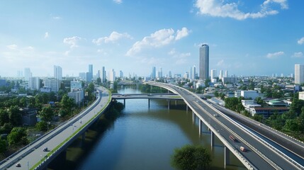 Fototapeta premium Urban development progress at the riverbank aerial view of city infrastructure modern landscape bright skies