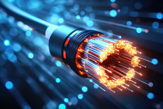 Optical fiber cable network with glowing connections in a technological environment, symbolizing high-speed data transfer, internet communication, and digital infrastructure systems
