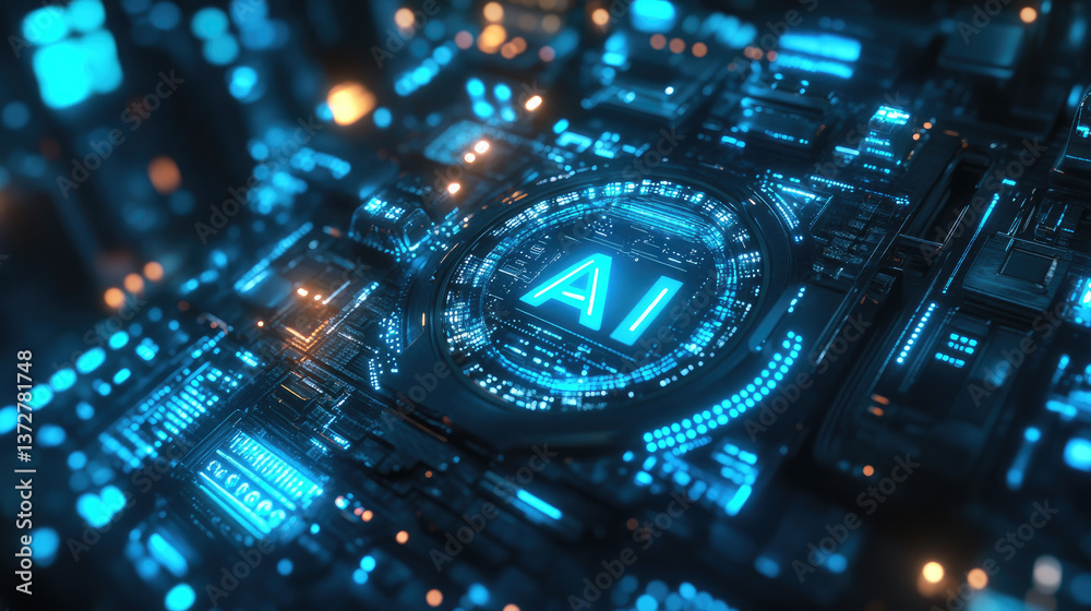 Poster futuristic ai interface with glowing cyber elements, symbolizing artificial intelligence, deep learn