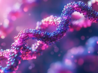 Abstract DNA strand with vibrant purple and pink hues against a soft bokeh background evoking scientific innovation and genetic research