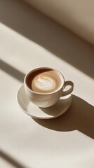 Cup of cappuccino in soft sunlight on beige surface	