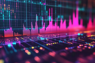 Colorful data visualization with futuristic digital analytics, AI-driven research, and molecular computing for medical science, biotechnology, and genetic research
