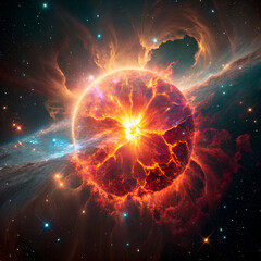 Fototapeta premium A star exploding — a supernova. Fiery ejections and shockwaves radiate from the center. Glowing gases and cosmic structures fill the scene.